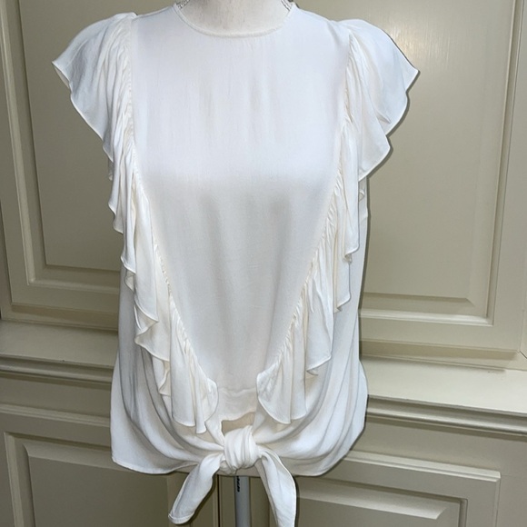 Frame Flutter Ruffled Tie Front Button Back Top Ivory Off White Cap Sleeve - Picture 13 of 14
